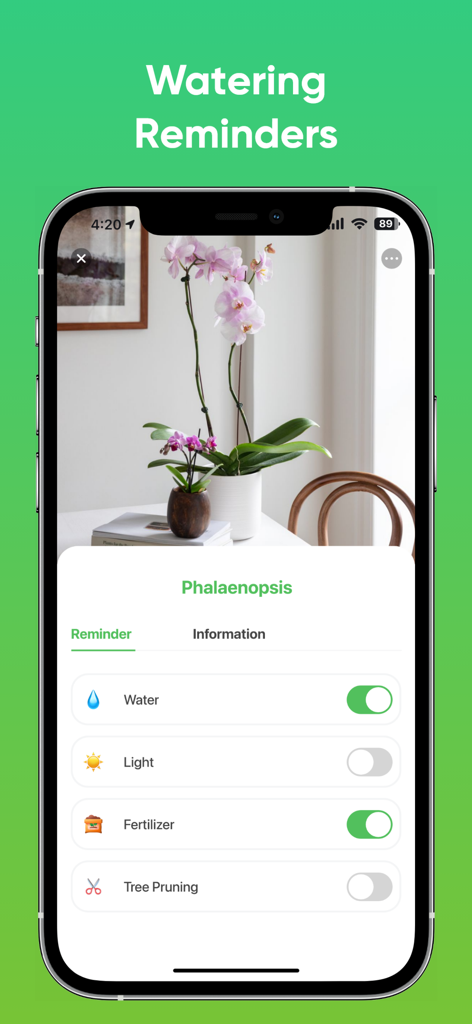 Interfaz de la aplicación Plantnet mostrando recordatorios de riego y fertilización para una orquídea