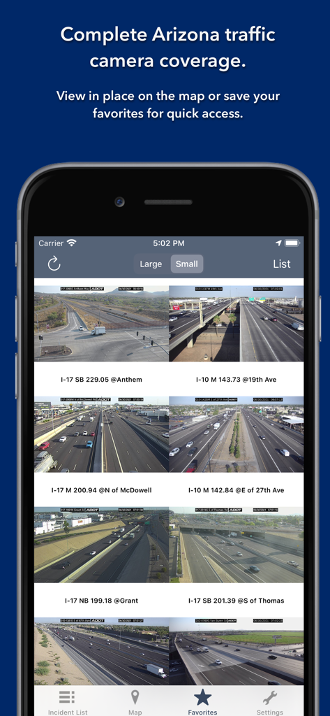Arizona State Roads app displaying a grid of live traffic camera feeds from various state highways