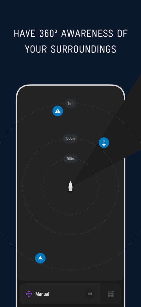 Interface de l'application SEA.AI Oceanus montrant une vue radar à 360 degrés pour la conscience situationnelle maritime et la détection d'objets.