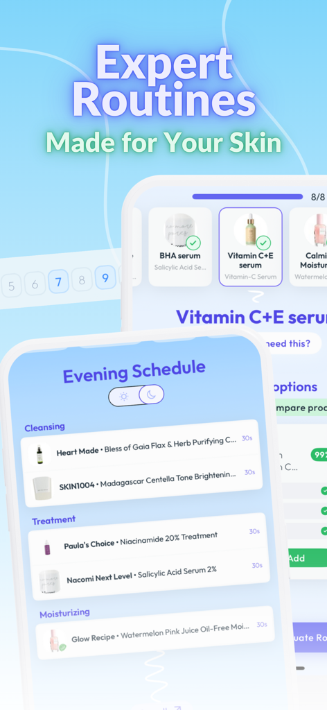 Skin Bliss: Skincare Routines - Personalized evening skincare routine schedule and product recommendations in the Skin Bliss app