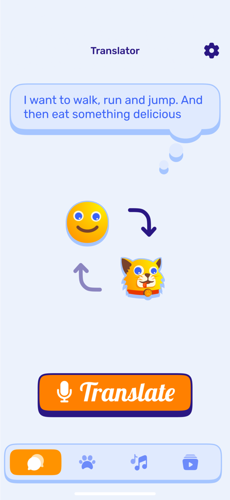 Interface de la fonction de traduction d'animaux de compagnie de l'application Peppy Cat montrant une bulle de pensée de chat et un bouton de traduction