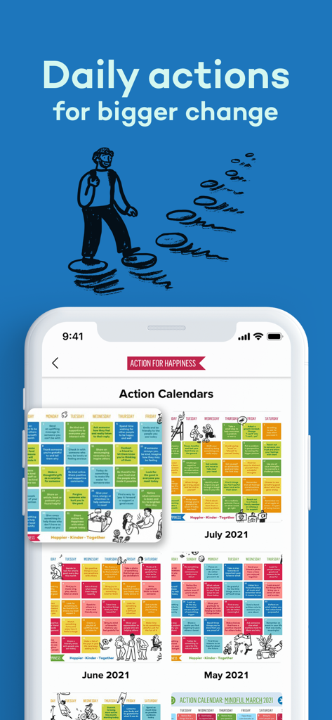 Action for Happiness app interface showing monthly calendars with daily tips for kindness and well being.