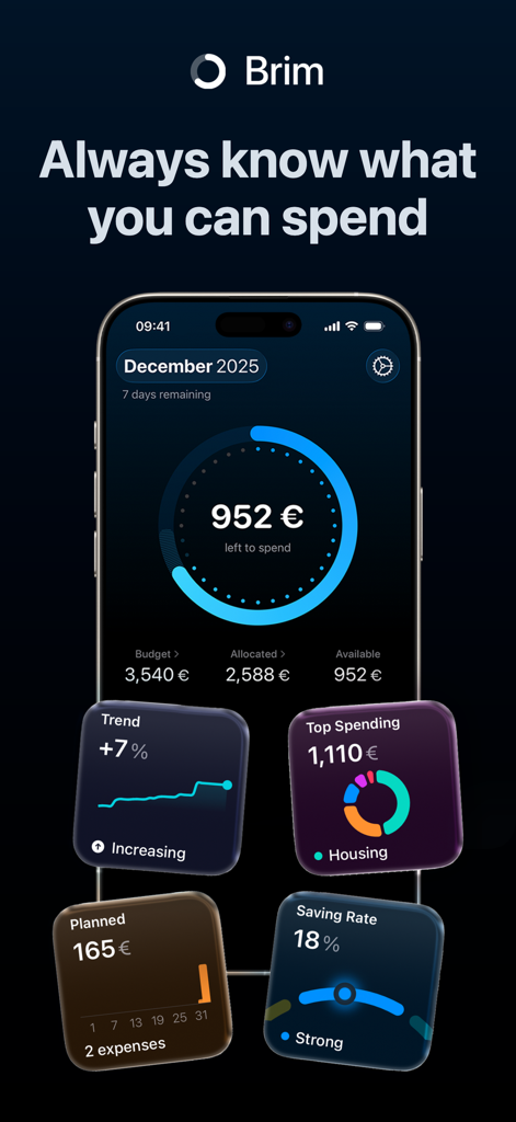 Brim 앱 대시보드 (iPhone) - 사용 가능 금액 잔액 및 소비 추세, 저축률을 위한 금융 인사이트 위젯 표시