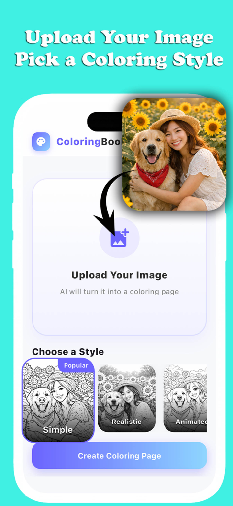 Interface of Coloring Book Maker AI showing photo upload and coloring style selection