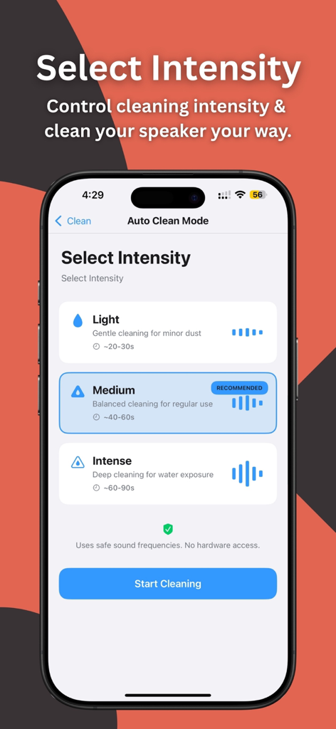 Speaker Cleaner ‒ Clear Wave - Pantalla del modo de limpieza automática mostrando opciones de limpieza de altavoz ligera, media e intensa