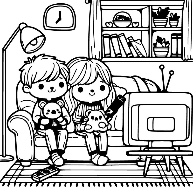 cozy friends colouring book living room sitting down watching tv