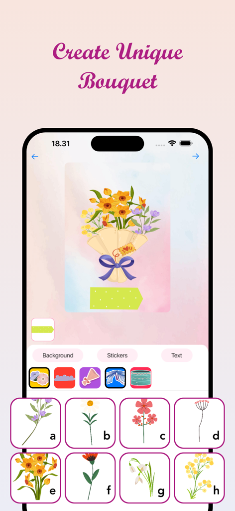 Flower Language: DIY Bouquet - 各文字が異なる花を表す花柄のキーボードを使用して花のアレンジメントがデザインされている様子を示すモバイルアプリのインターフェース