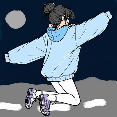 realistic girl jumping with a bun and oversized sweatshirt