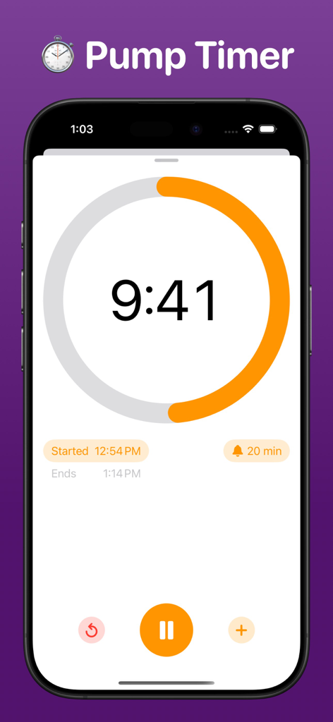 Pump Log® - Track Breast Milk - A screenshot of the Pump Log app showing the pump timer interface on an iPhone