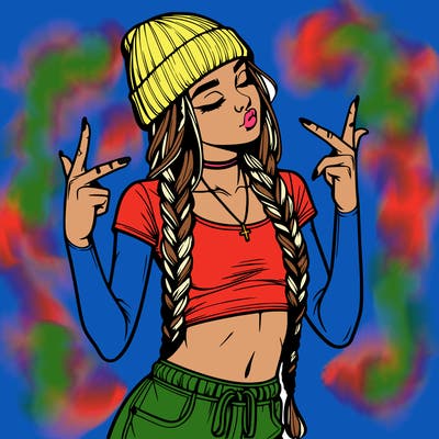 realistic teenage girl with braids and a beanie and crop top doing 🫶🏼