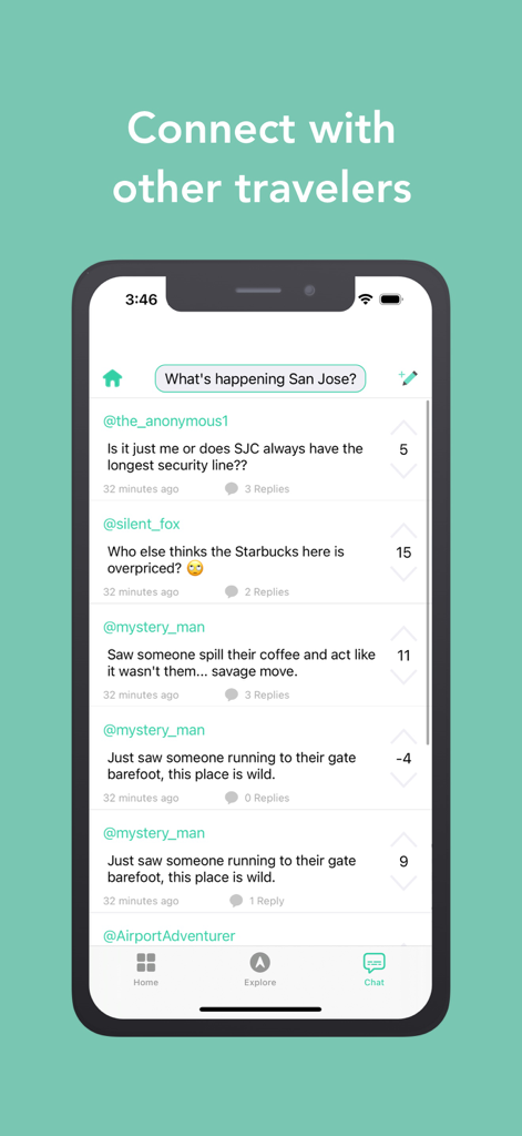 Screenshot of the Trippie airport app chat interface showing real-time updates and social posts from travelers at San Jose airport.