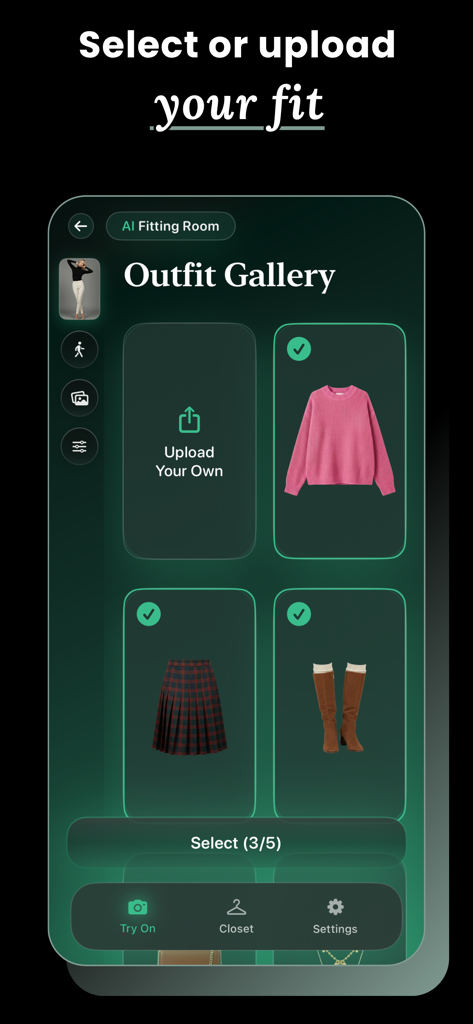 Fitting Room: Virtual Try On - A mobile app interface showing a virtual outfit gallery with a pink sweater, plaid skirt, and boots selected for an AI try-on.
