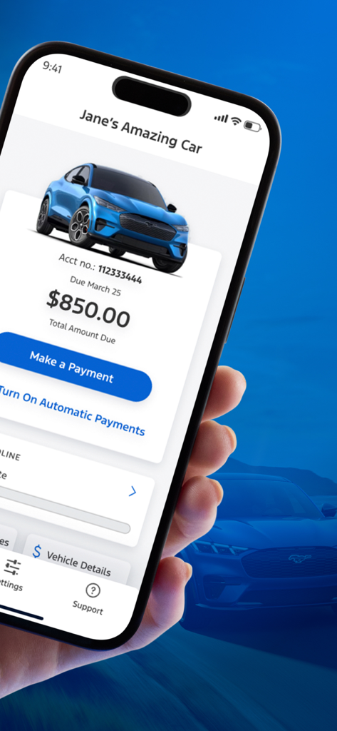Ford Credit mobile app interface showing a monthly payment of 850 dollars due for a vehicle