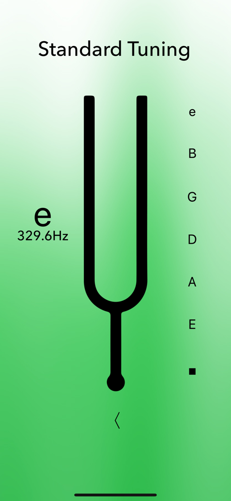 Classical guitar tuner app interface showing a tuning fork for standard tuning with frequency in Hz