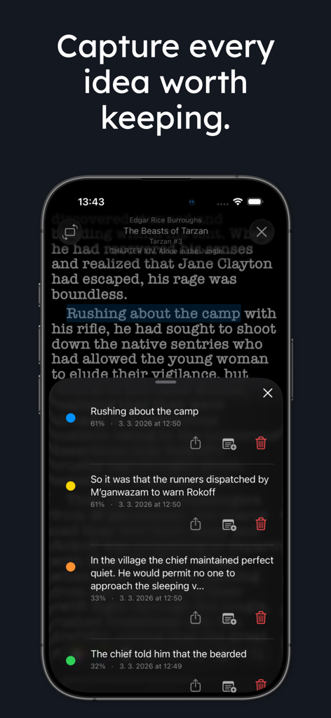justRead.app: EPUB Reader - A mobile phone screen showing color coded highlights and notes in the justRead EPUB reader app