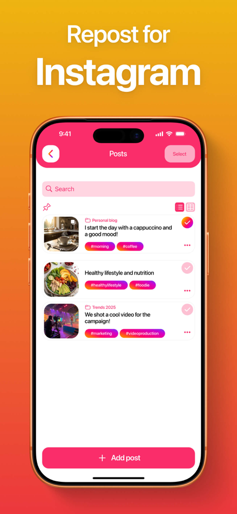 Repost for Instagram + - Mobile app interface showing a list of saved social media posts with captions and hashtags for organization