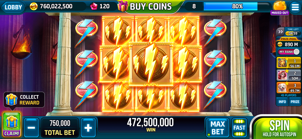 Pantalla de Lightning Slots Cash Casino mostrando una gran victoria en una máquina tragamonedas de temática griega antigua