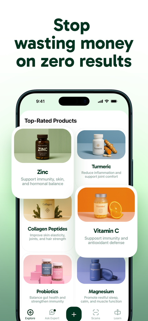 Supplement Scanner - InSup - Top rated supplements list on the InSup mobile application showing vitamins and minerals