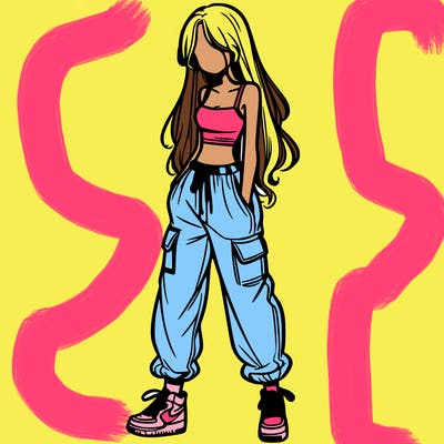 girl in baggy pants crop top and long hair