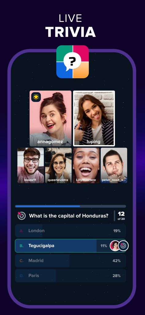A screenshot of a live trivia game session on the pop.in app featuring real-time video chat with multiple players.