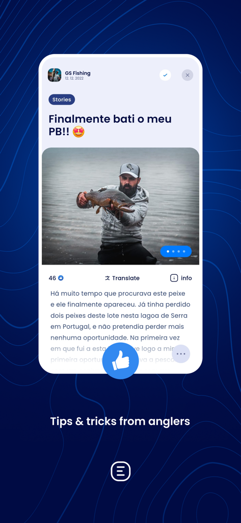 FISHSURFING - A social media post on the Fishsurfing app featuring an angler with a large catch and the text Tips and tricks from anglers.