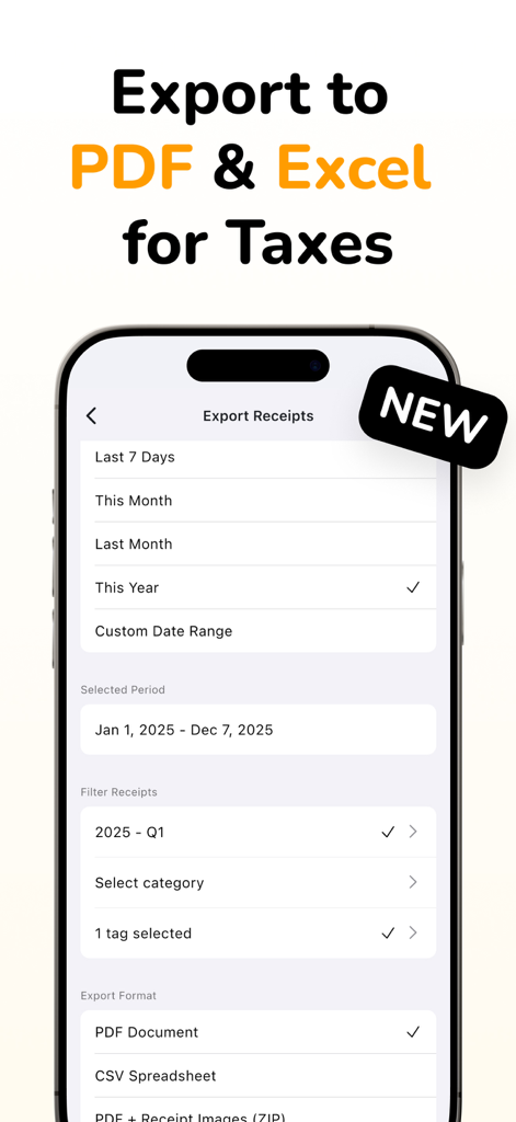 Receipto: Tax Receipt Scanner - Receipto app interface showing options to export scanned receipts to PDF and Excel formats for tax reports