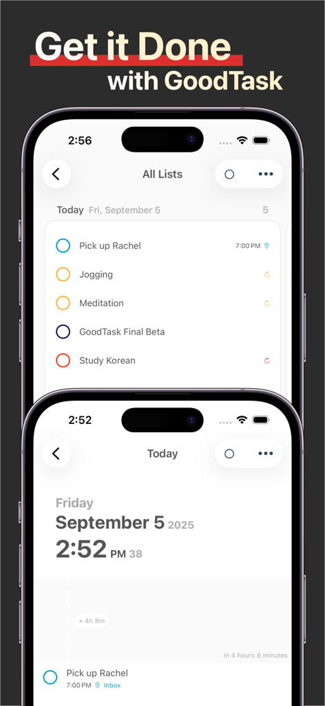 GoodTask - To Do List, Tasks - GoodTask app interface on two iPhones showing task lists and daily schedule