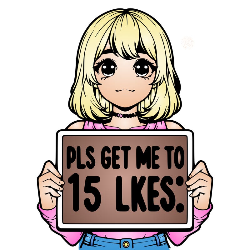 realistic girl holding up a sign that says “pls get me to 15 likes!”
