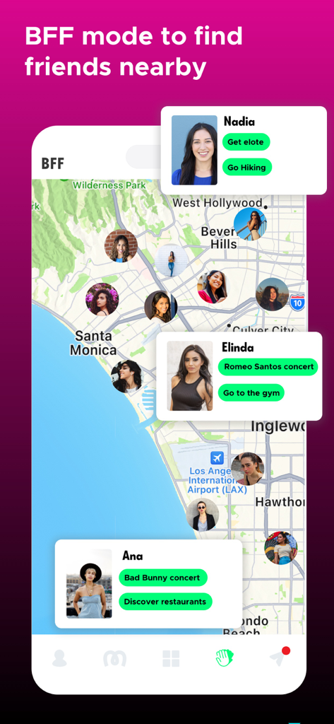 Mi Gente - Latino Dating - Mi Gente app BFF mode map showing nearby friends and shared interests in Los Angeles