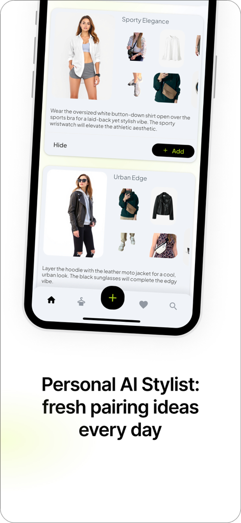 Sparkly app interface showing AI generated outfit pairing ideas and styling tips