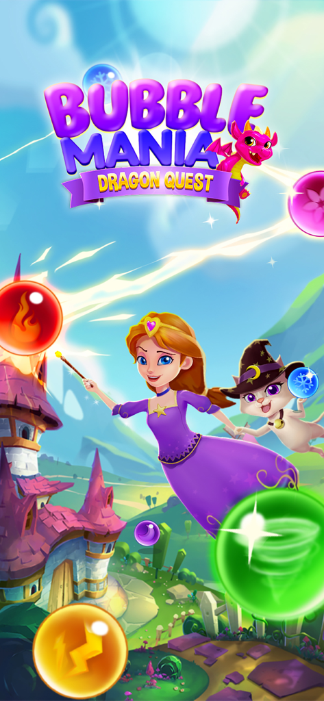 Bubble & Dragon - Bubble and Dragon-Mobile-Spiel-Splashscreen mit Prinzessin Alice und einem Zauberkätzchen in einem magischen Königreich