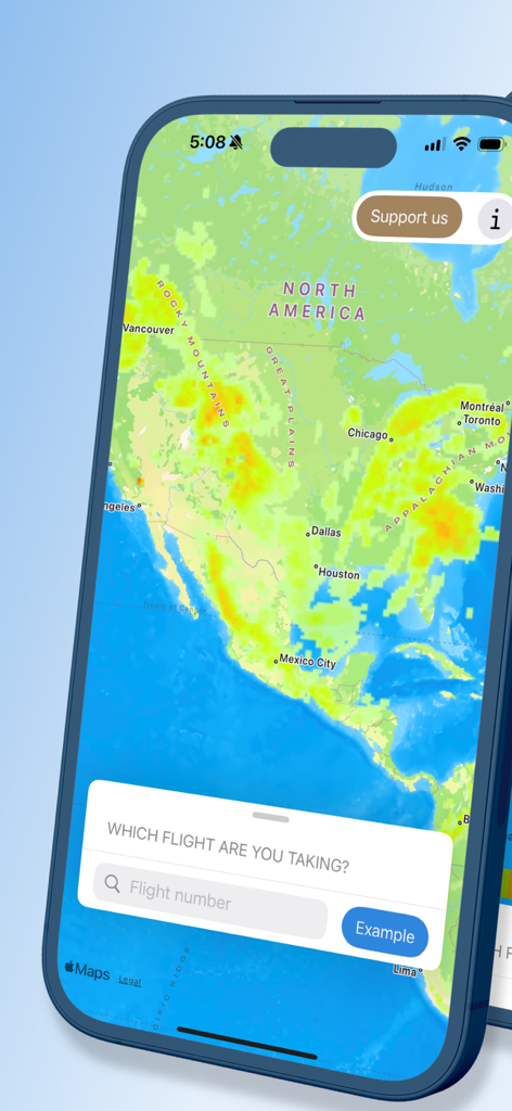 Écran de l'application Flying Calmly montrant une carte des turbulences de l'Amérique du Nord et un champ de saisie de numéro de vol