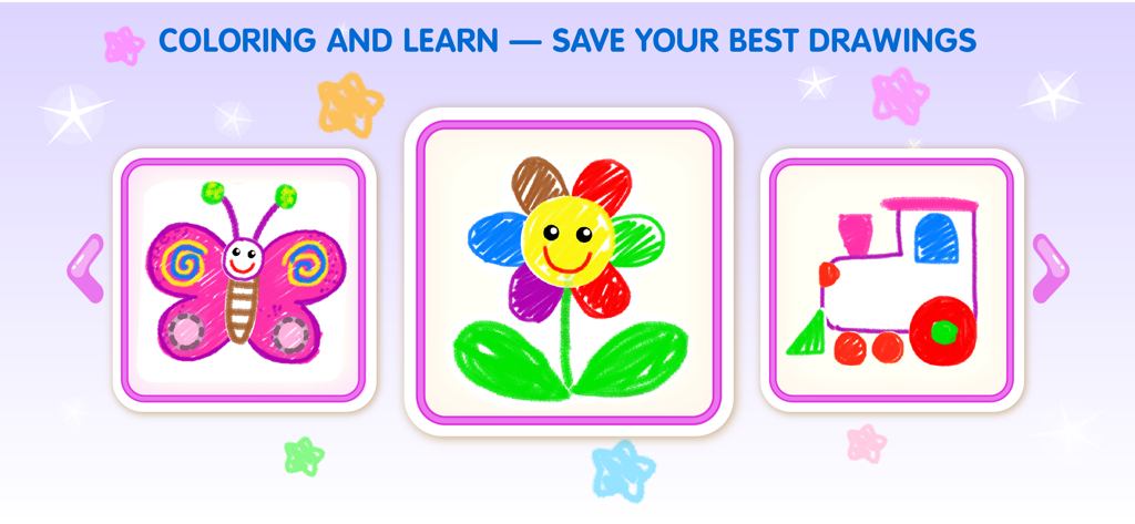 Drawing Games Apps for Kids - Kids drawing app interface showing saved drawings of a butterfly flower and train