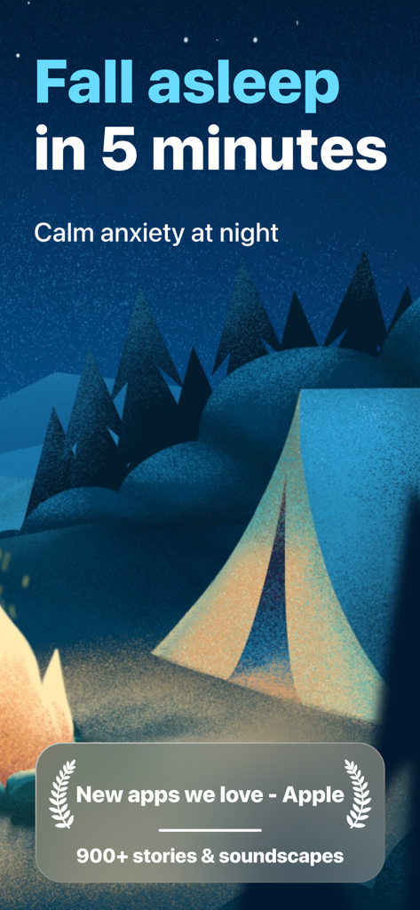 Slumber－Calm Stories for Sleep - Slumber App-Screenshot mit einem friedlichen nächtlichen Campingplatz und Highlights der Einschlafhilfen