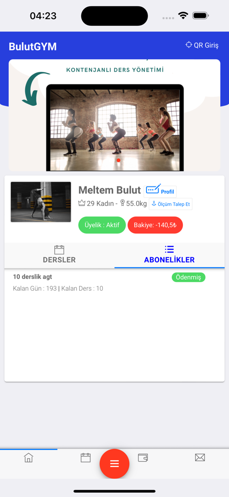 Panel de la app móvil BulutGym Kos mostrando el perfil del usuario, el estado de membresía activa y los detalles de la suscripción