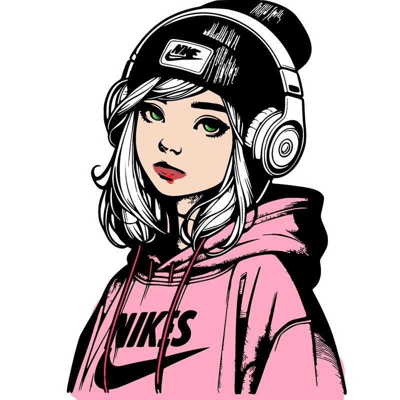 realistic girl wearing a hoodie and a beanie and headphones and nikes