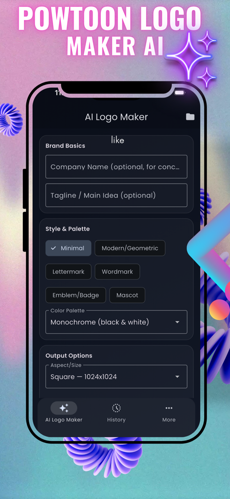 Powtoon AI : Generator Logo - Interfaz de la aplicación Powtoon AI Logo Maker mostrando opciones de personalización para el estilo del nombre de la empresa y la paleta de colores