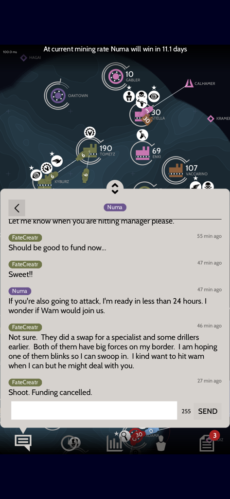 Subterfuge mobile game screenshot showing player chat and strategic map interface