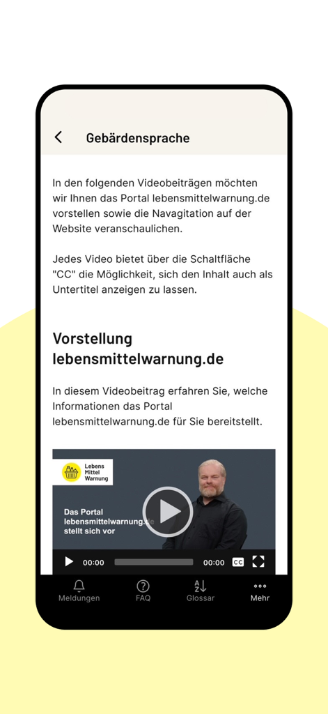 Screenshot of the lebensmittelwarnung app interface showing the sign language video section for accessibility.