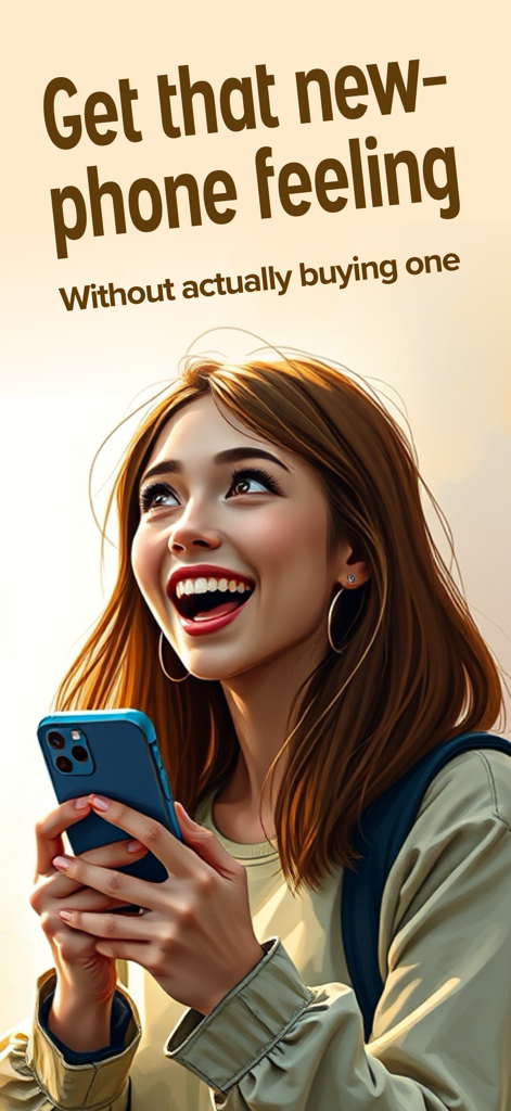 Pixs: Wallpapers & Backgrounds - A smiling young woman holding a smartphone with text about getting a new phone feeling through wallpapers