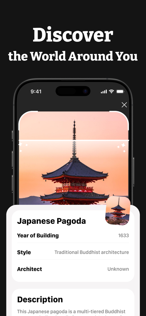 AI Lens Scanner - Image Search - AI Lens Scanner app identifying a Japanese Pagoda and displaying historical details.