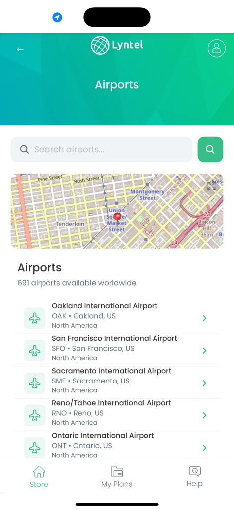 Lyntel eSIM - Lyntel eSIM app showing a searchable list of global airports and a map for convenient travel connectivity
