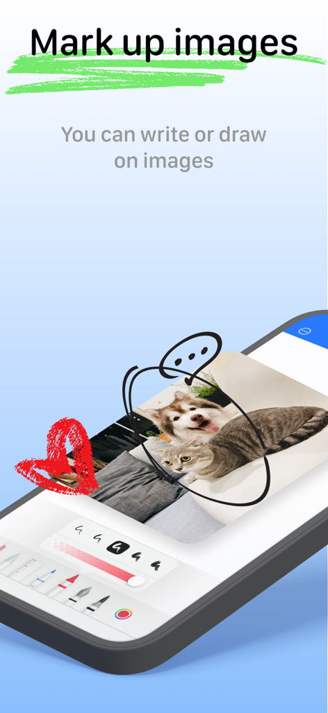 Digital drawing app showing a user marking up a photo of a pet with a red heart and speech bubble