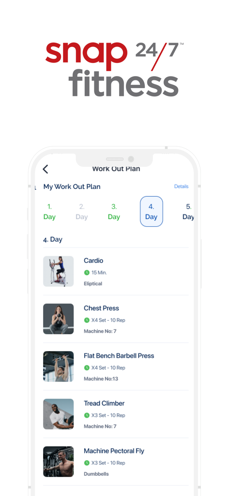 Snap Fitness - Snap Fitness 모바일 앱 운동 계획 인터페이스와 운동 목록
