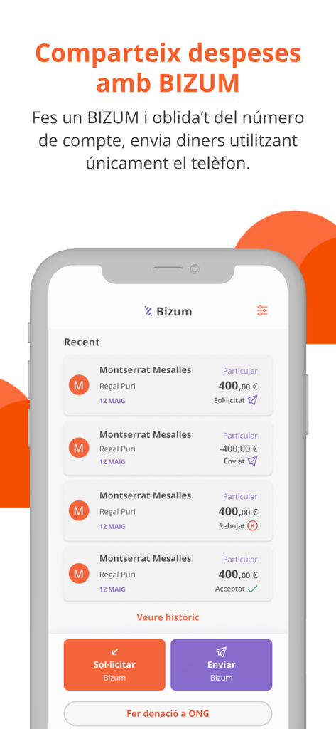 Myandbank - Interfaz de la app de Myandbank mostrando el historial de transacciones de Bizum y las opciones para enviar o solicitar dinero