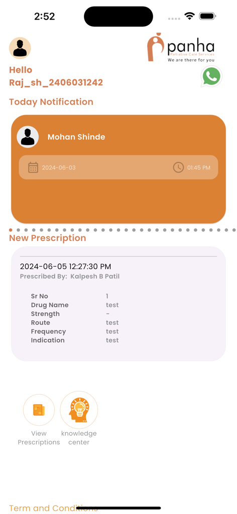Panel de la aplicación Panha Palliative Care mostrando notificaciones del paciente y detalles de la prescripción.