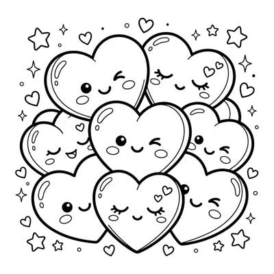 Get ready for a super cute coloring experience with these charming Kawaii Plush Hearts! Perfect for little hands, this page features friendly heart characters surrounded by stars and tiny hearts.