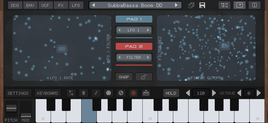 Interface of AudioKit Synth One J6 showing dual assignable touch pads for real time FX control and a digital piano keyboard