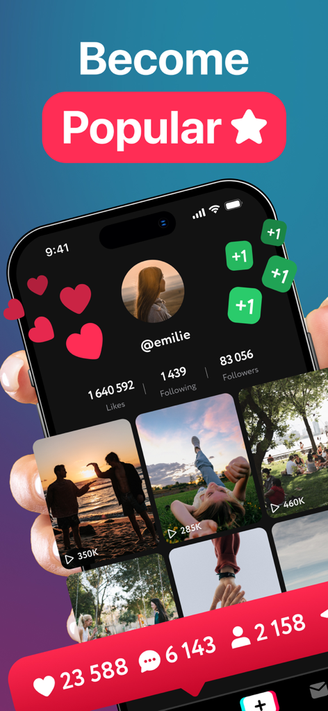 TokTrends 앱을 표시하는 스마트폰, TikTok 계정 통계 및 참여 지표 포함.