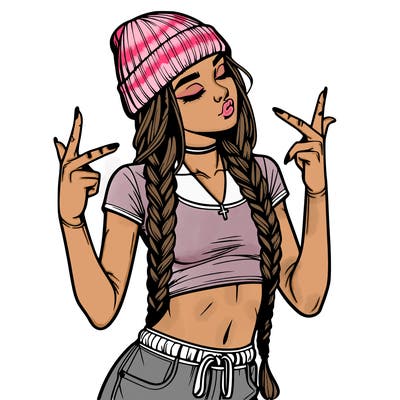 realistic teenage girl with braids and a beanie and crop top doing 🫶🏼